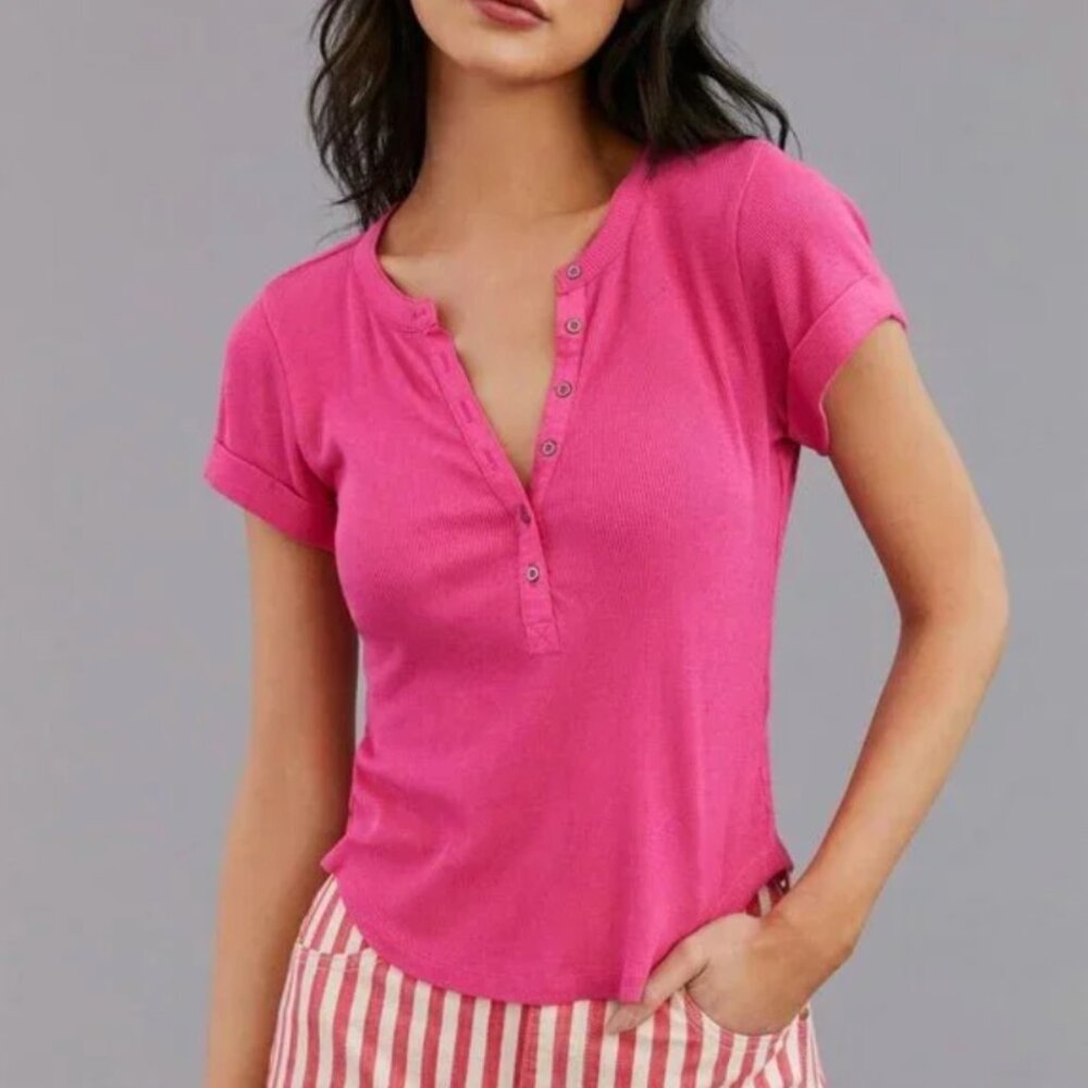 Anthropologie Pilcro Ribbed Henley Tee Pink